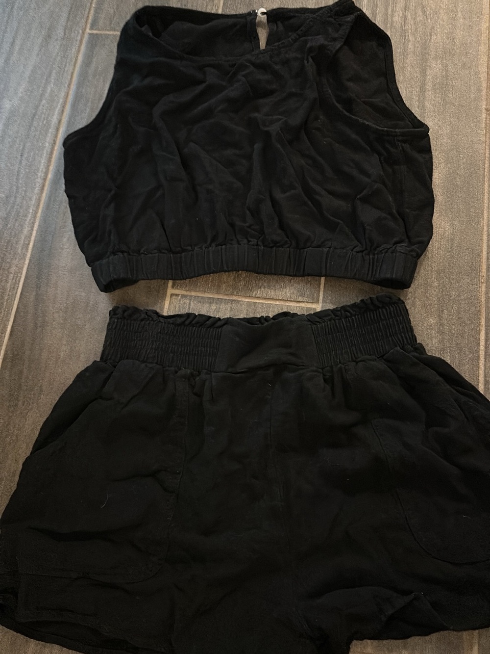 SHEIN Black High-Waist Elastic-Ruched Shorts and matching cropped tank